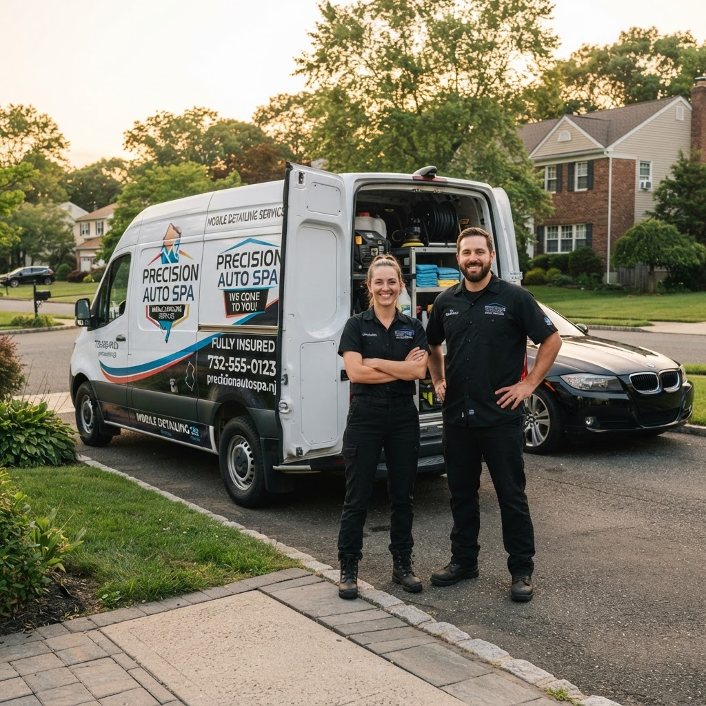 Apex Clean Solution detailers standing beside their mobile service van in a New Jersey driveway
