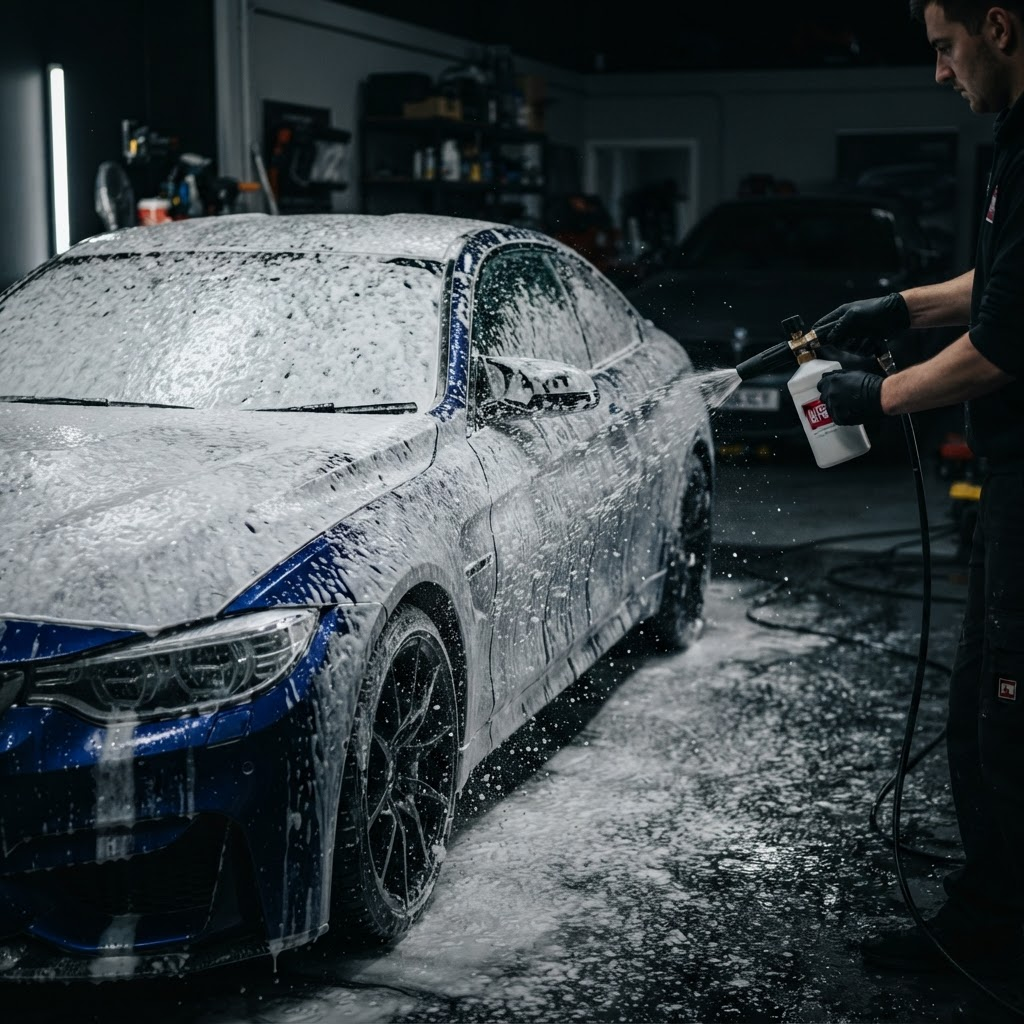 Car covered in thick white foam during a professional hand wash