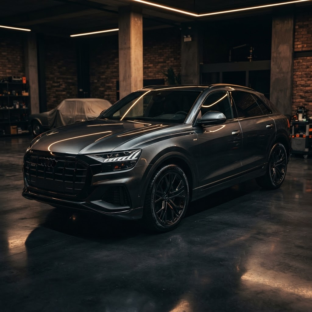 Freshly detailed glossy SUV with mirror-like paint reflections