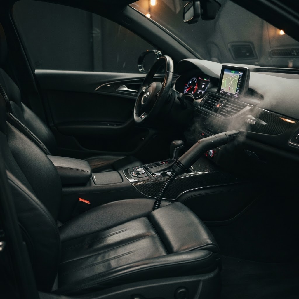 Detailed car interior with clean black leather seats and spotless dashboard